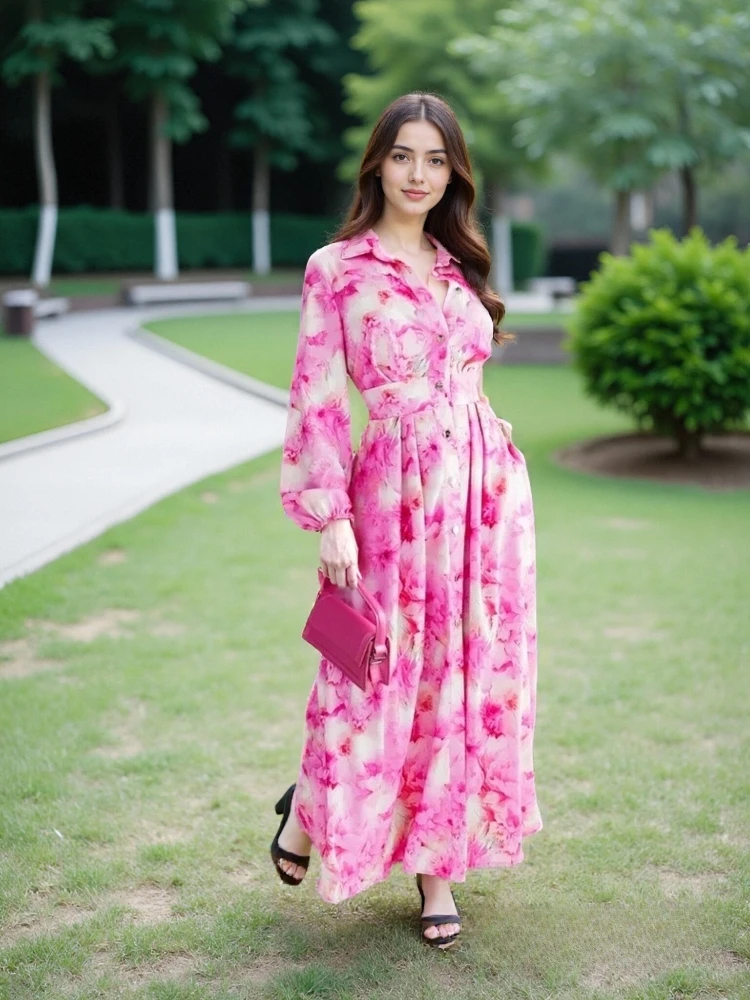 فستان خريفي كاجوال بحزام مطبوع للنساء بأكمام طويلة وياقة مقلوبة فستان ماكسي أنيق بأكمام واسعة وأزرار