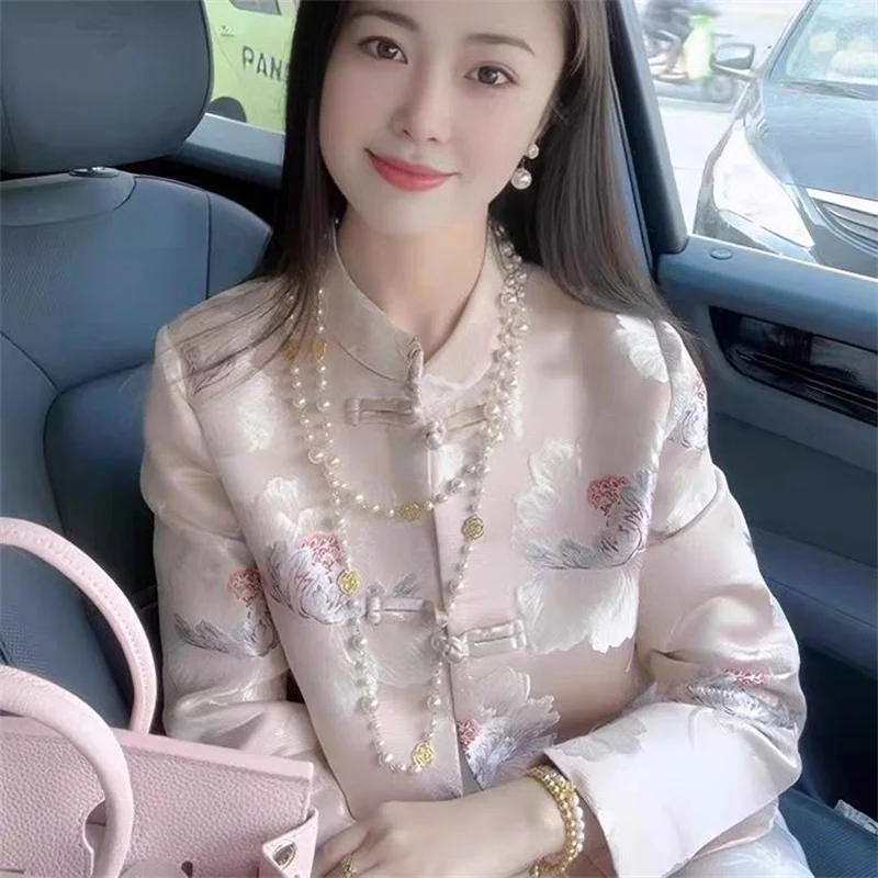 

Новая женская куртка-жакет из имитации атласа в китайском стиле с пряжками, весна-осень 2026, высококачественный жаккардовый топ класса люкс