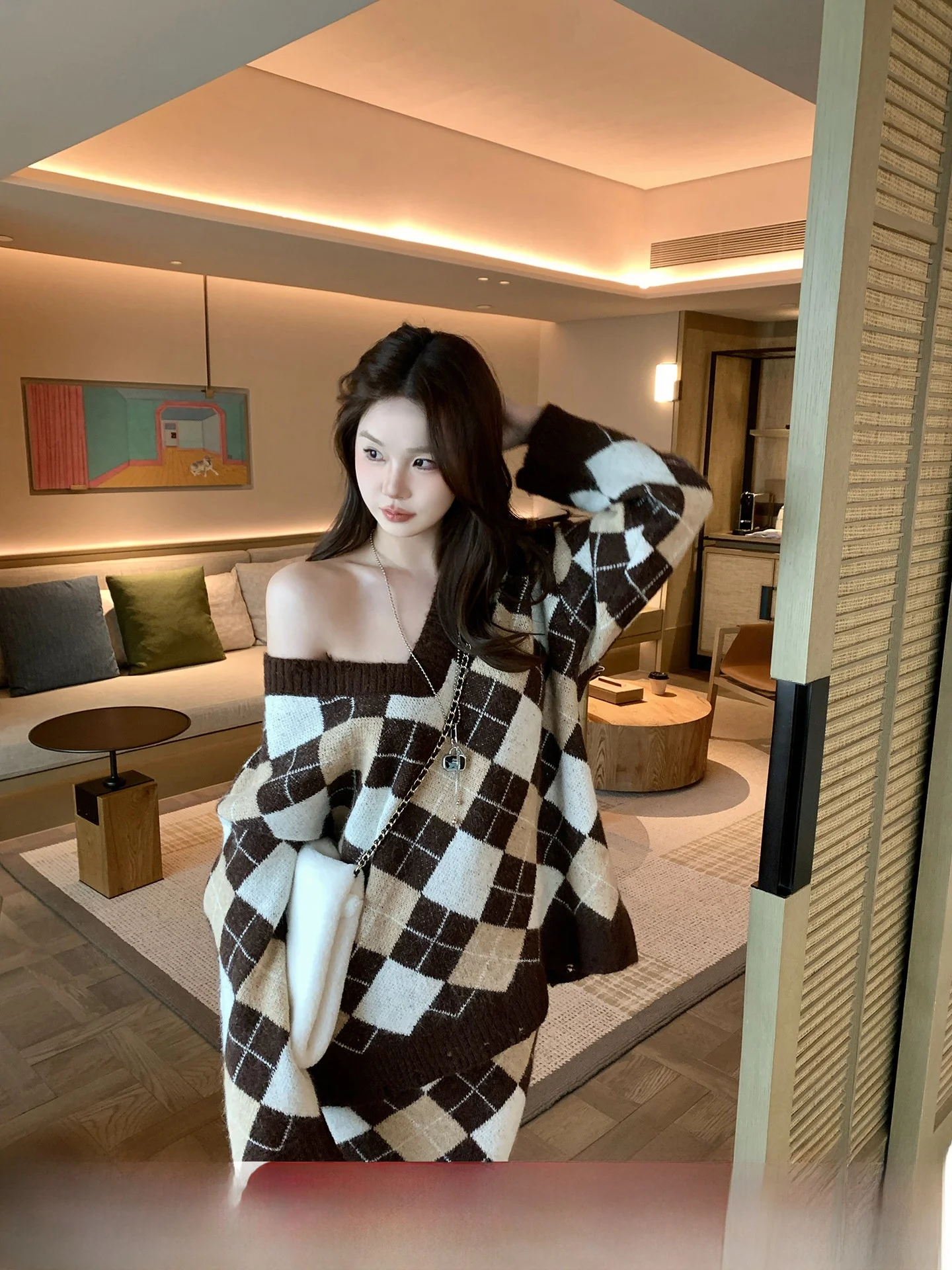 

Anneop College Casual Plaid V-Ne Knitted Sweater Set Women's Autumn Winter Loose Fit Two-Piece Suit Long Sve Midi Skirt