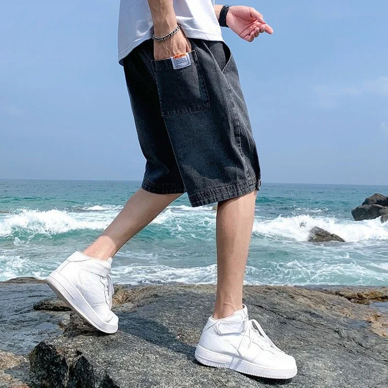 Loose Male Denim Shorts with Pockets Long Half Wide Baggy Bermuda Men's Short Jeans Pants Distressed Korean Fashion Cut New In