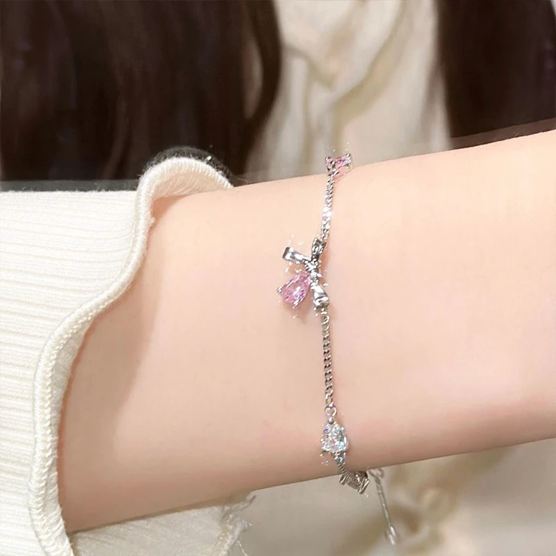 Pulsera de plata de ley 925 para mujer, brazalete de circonita con lazo de diamante, joyería de lujo, regalo de cumpleaños