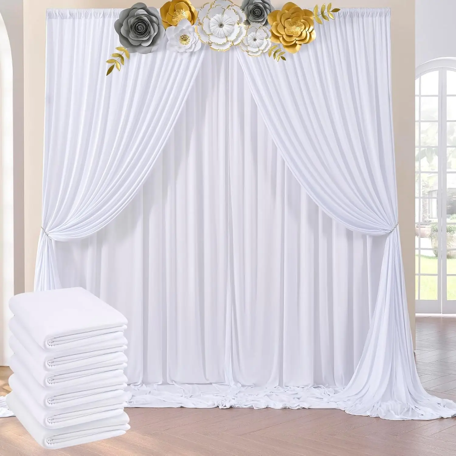 

White Backdrop Polyester Background Drapes 10ft x 30ft Photography Backdrop Outdoor Wedding Curtain Backdrop 6 Panels 5ft x 10ft