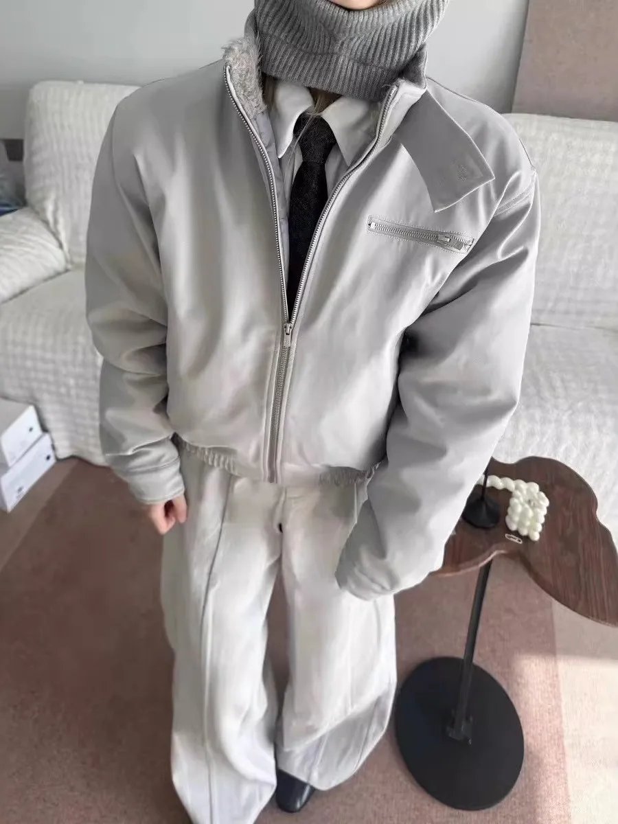 

Thiened Cotton Jaet Baseball Sle Loose Men's Coat with Fur Collar Cleanfit Warm Casual Outerwear for Couples