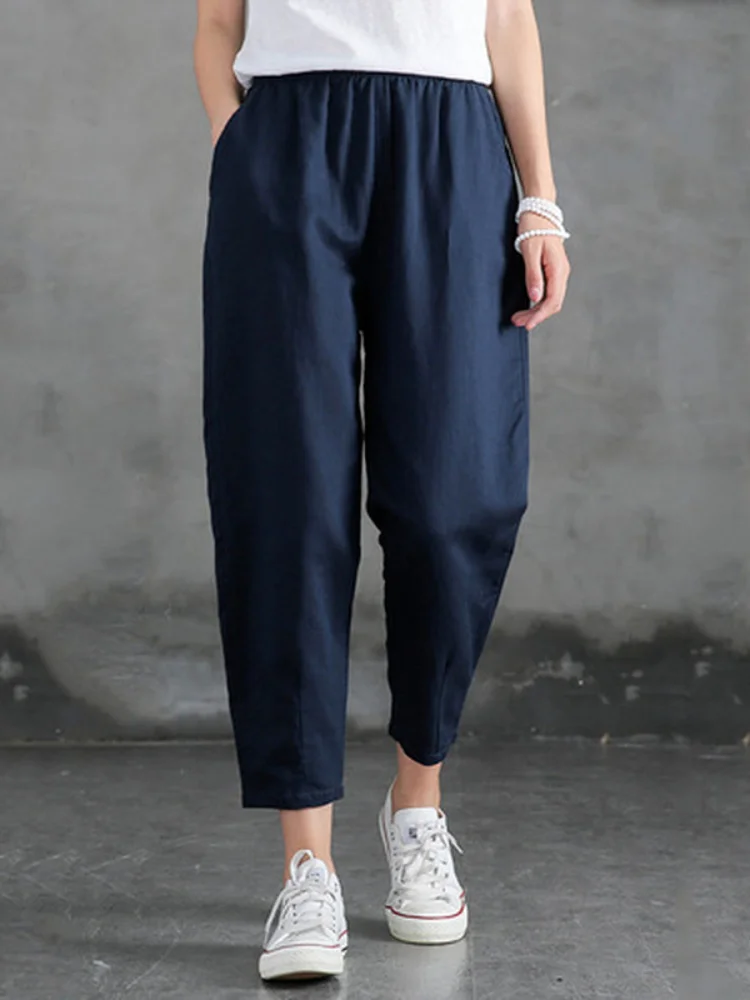 Cotton Linen Pants Women Spring Summer Large Size Solid Color Harem Pants Elastic Waist Loose Casual Woman's Linen Trousers