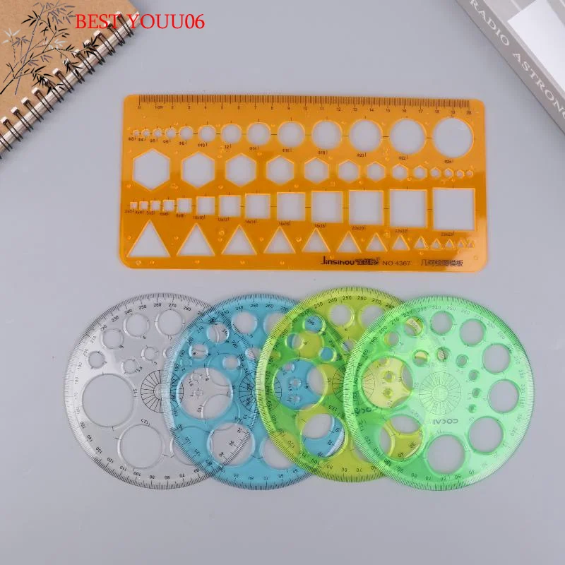 

(YOUU06) 1/2 шт. Трафарет для черчения кругов и геометрических фигур, многофункциональный пластиковый шаблон-линейка для измерения