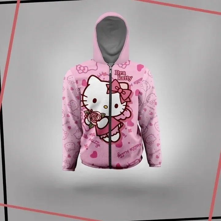 

Sanrio's cute Hello Kitty zip-up hoodie, autumn fashionable casual children's style, 3D animal printed, loose street sweatshirt