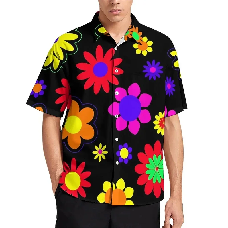 

Colorful Flower Graphic Blouses For Men Clothes Bright Floral 3D Print Beach Shirts Vacation Esthetic Y2k Short Sleeve Boy Tops