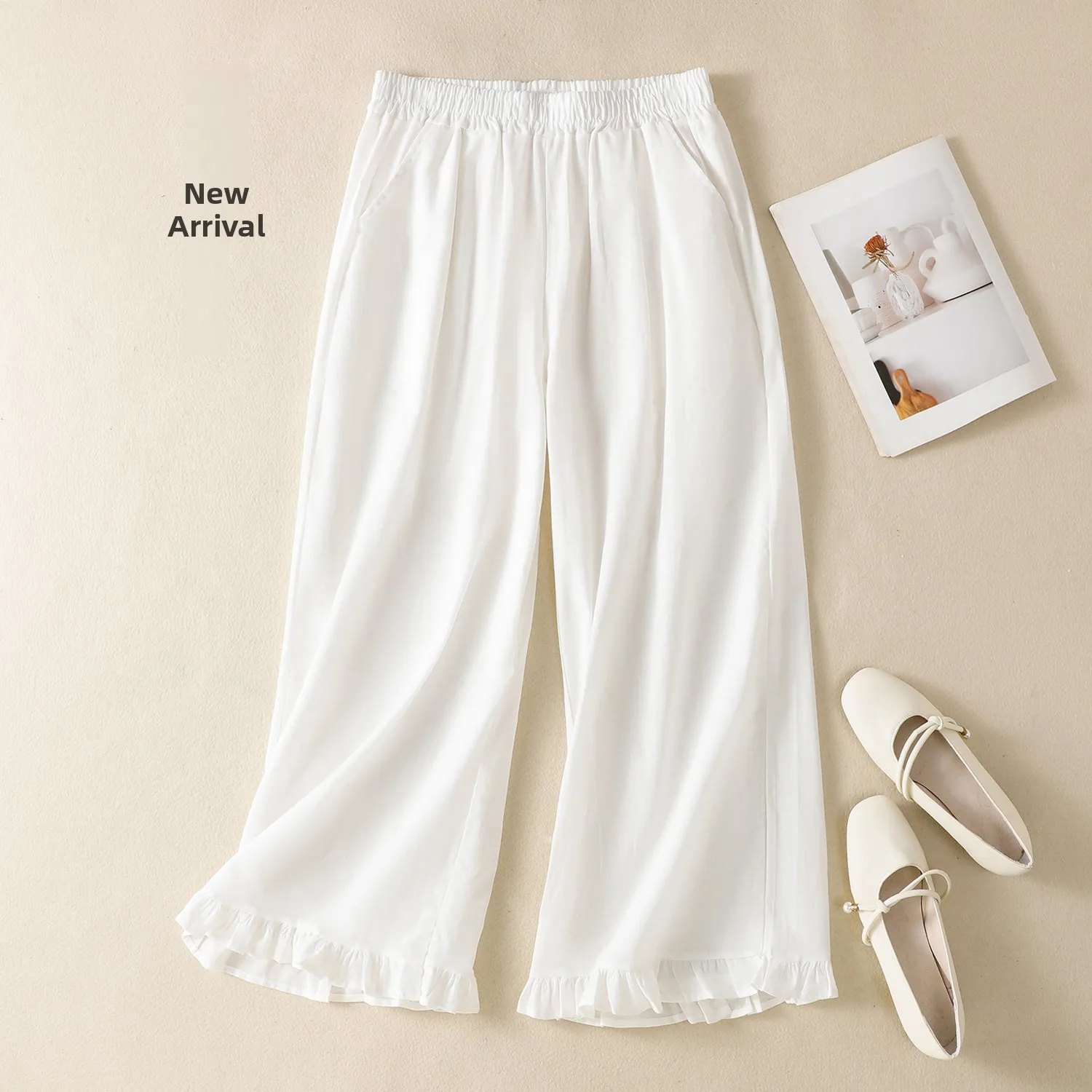 Letnie Nowe Artystyczne Retro Lniane Luźne Wyszczuplające Uniwersalne Młodzieżowe Drewniane Spodnie z Szerokimi Nogawkami Fioletowe Elastyczne w Pasie Casual