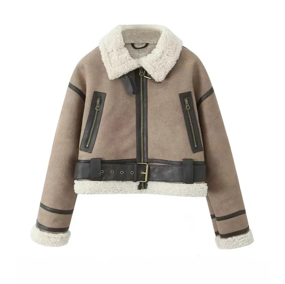 

Streetwear Biker Jacket Women's Short Coat with Faux Fur Flip Collar Autumn Winter Fashion