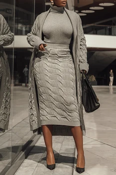 Plus Size Damen Herbst Winter Tägliche Strickjacke Asch Zopfmuster Strickjacke mit Doppeltasche