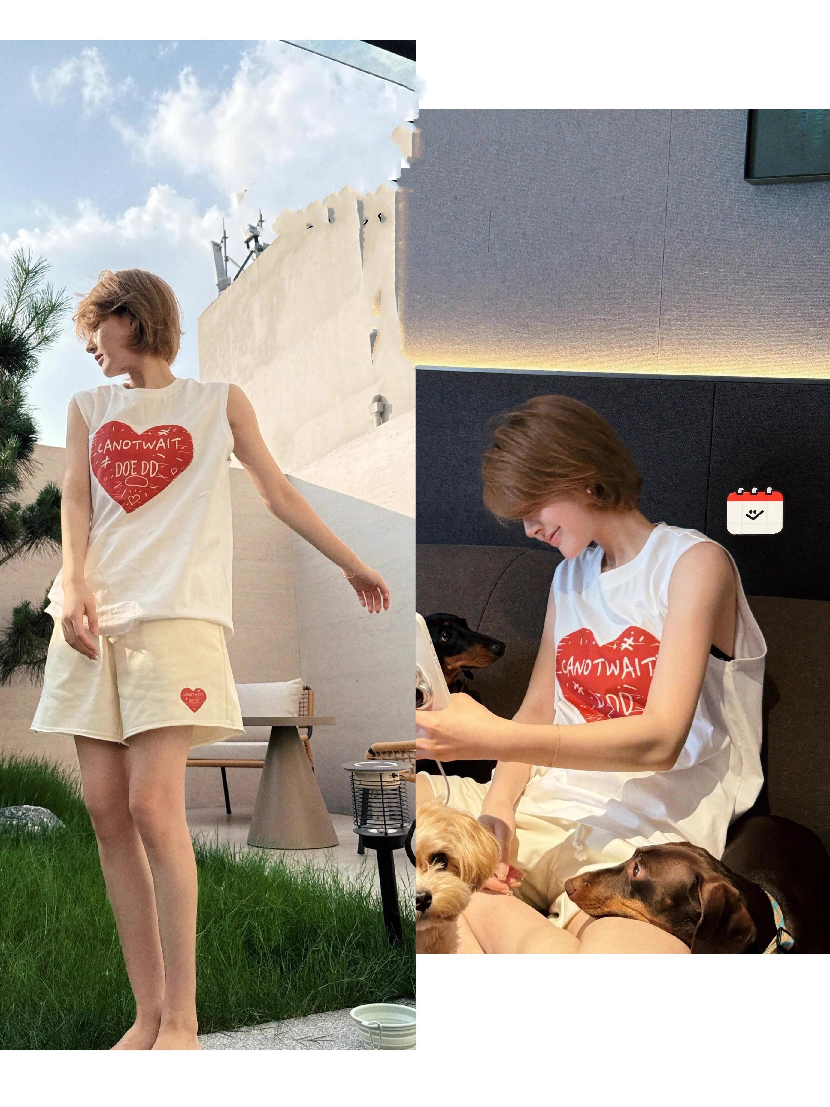 

EXJR Zhao Lu Si Heart Print Sleeveless White Vest T-Shirt Women's Wide Leg Shorts Two-Piece Set Summer Casual Cotton Top