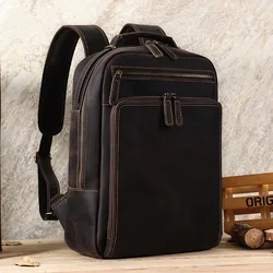 Crazy Horse Leather Male Backpack Hard Leather Daypack For Men Rucksack Travelling Bagpack Student School Bag 15.6 Laptop Bag