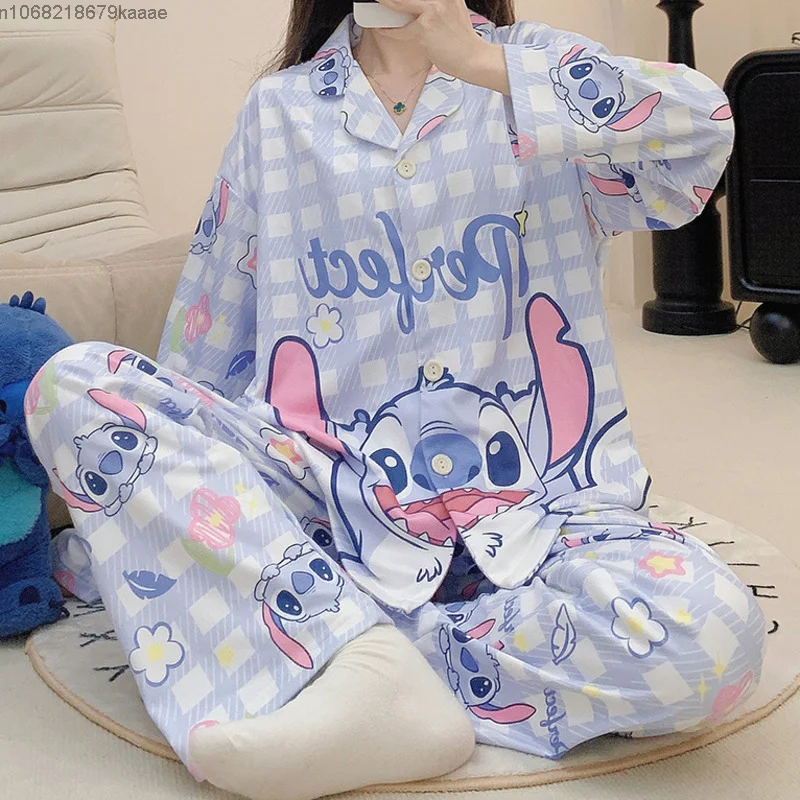 Stitch Cartoon Korean Version Cute Pajamas Set Women New Long Sleeved Fashion Sleepwear Y2k Sweet Girl Style Casual Home Clothes