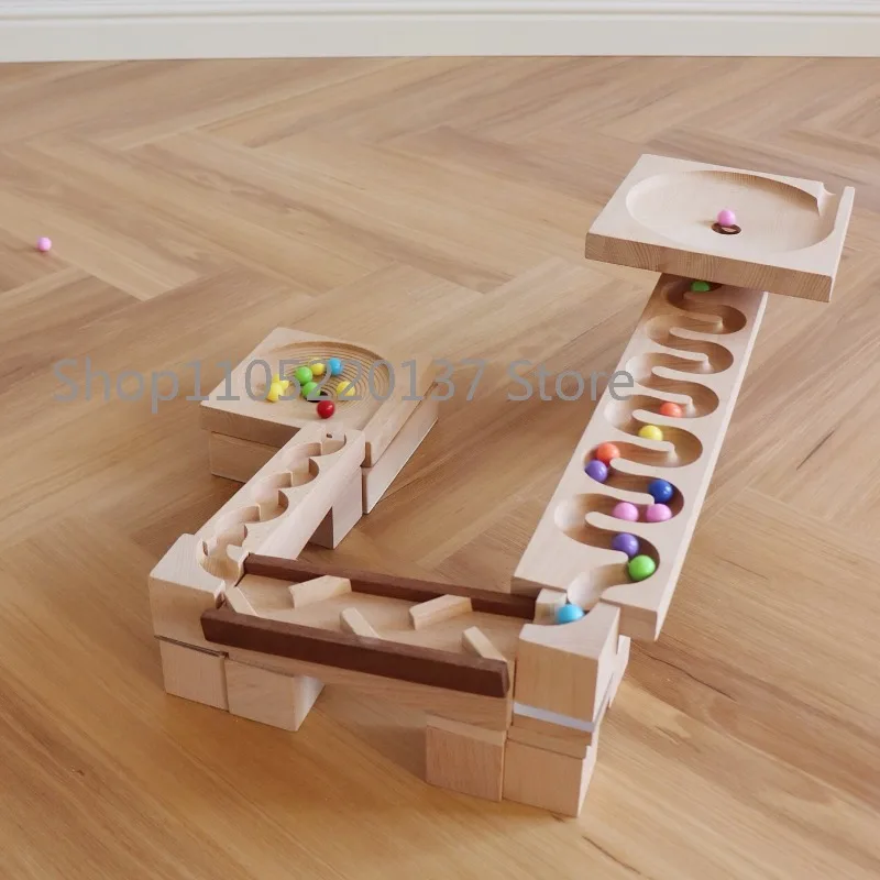 Children's Early Education Educational Toys Beech Solid Wood Sliding Ball Raceway Building Block Marble Track Logic Training