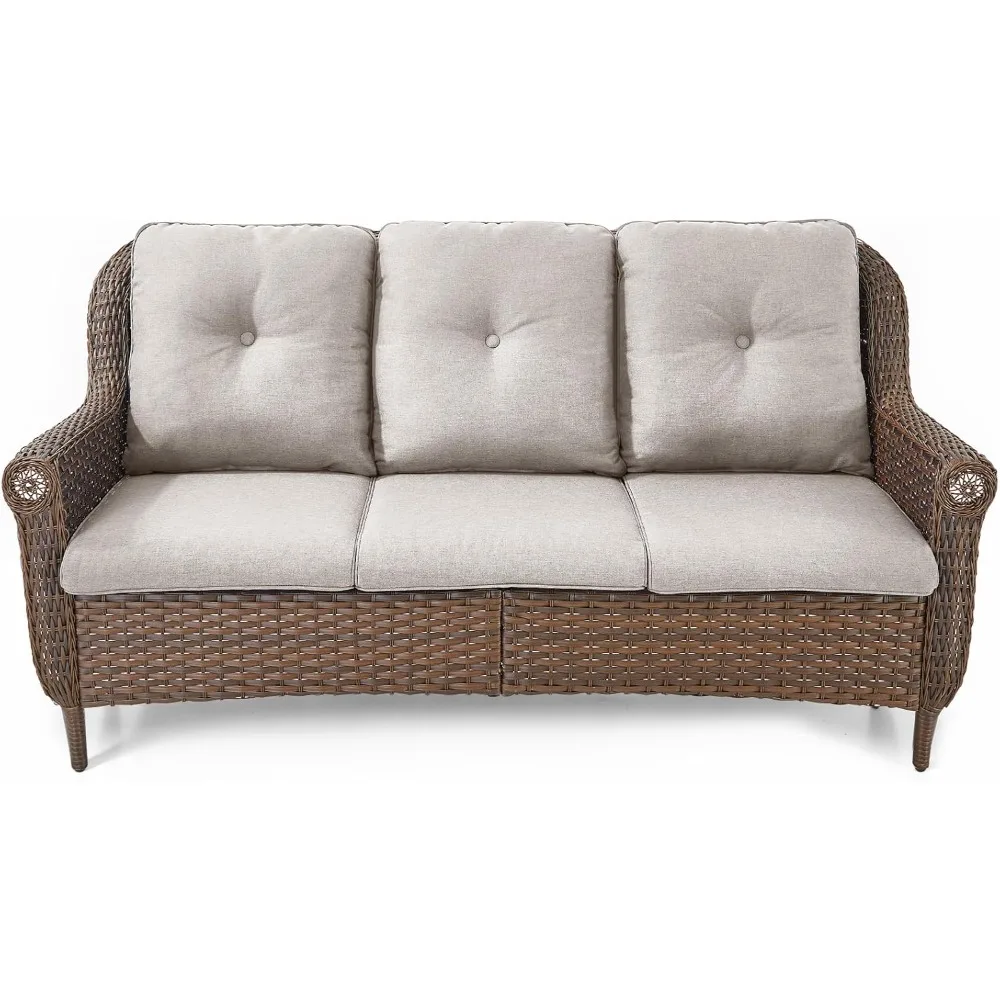 

Диван для патио, уличный плетеный диван — сверхпрочный всепогодный коричневый ротанг, 3-местный, с высокой спинкой и удобными толстыми подушками для