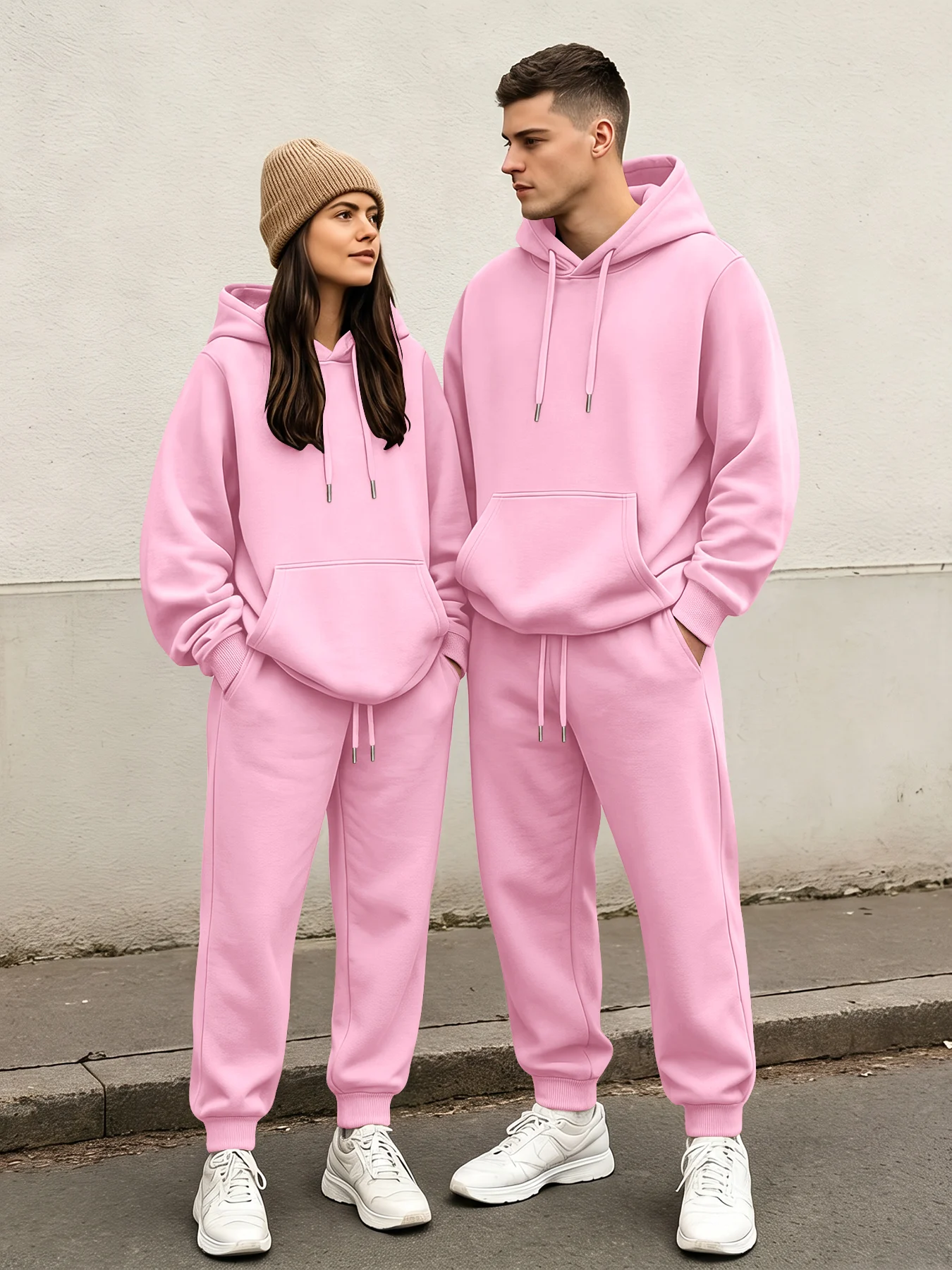 Spring‑Fall Couple Hoodie Set, Unisex Solid‑Color Pullover Two‑Piece Outfit, Loose Casual Sports Sweatpants Suit view 4
