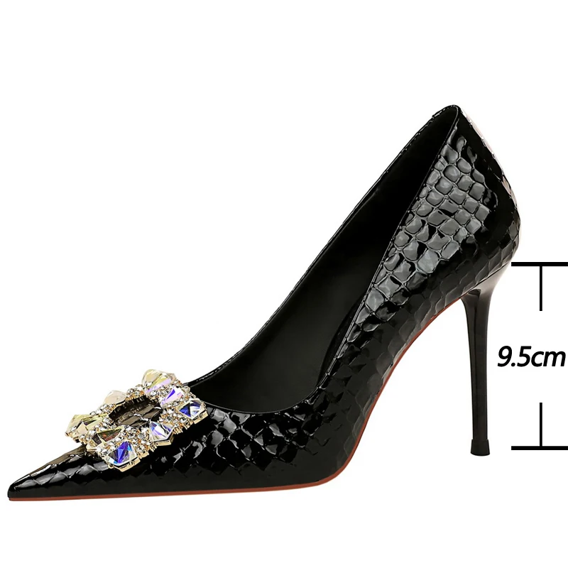 BIGTREE Shoes Women Heels Metal Water Drill Buckle Woman Pumps Textured Patent Leather High Heels Stilettos Sexy Party Shoes