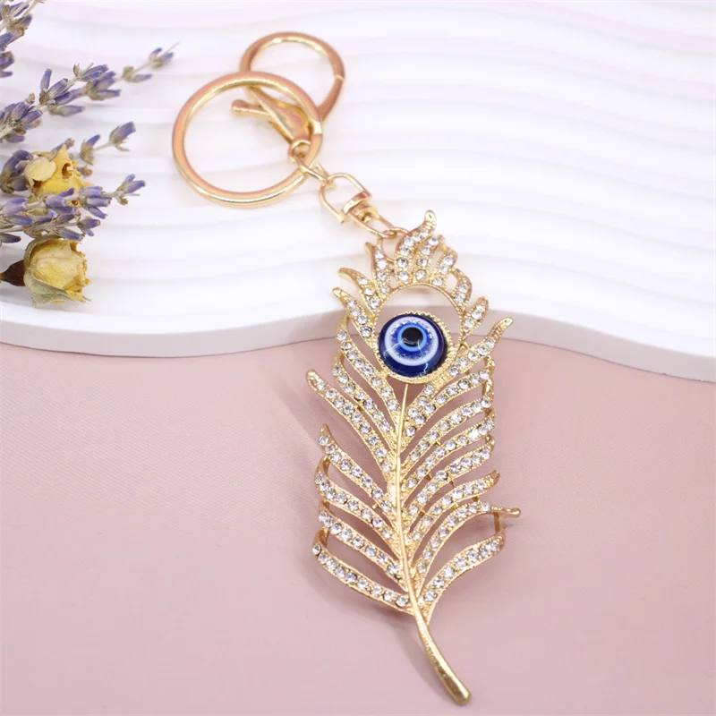 

Fashion Shinny Crystal Blue Eey Feather Key Chain Dream Alloy Sparkling Keyring Bag Accessory Jewelry