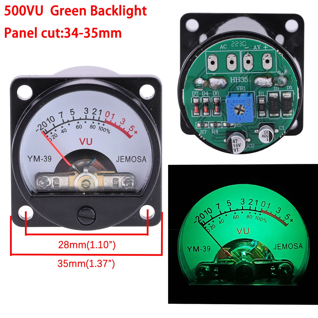 Indicador de nivel de Audio y placa de controlador, Panel VU, 500uA, retroiluminación LED, Amp, AC/DC 6-12V, 34mm, 1 unidad