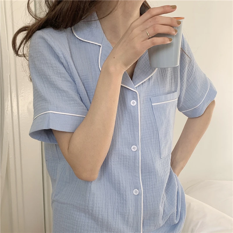 Solid Single Breasted Shirts + Shorts Suit Women Cotton Two Piece Pajamas Set Casual Loose Pocket Sleepwear Home Suit Purple