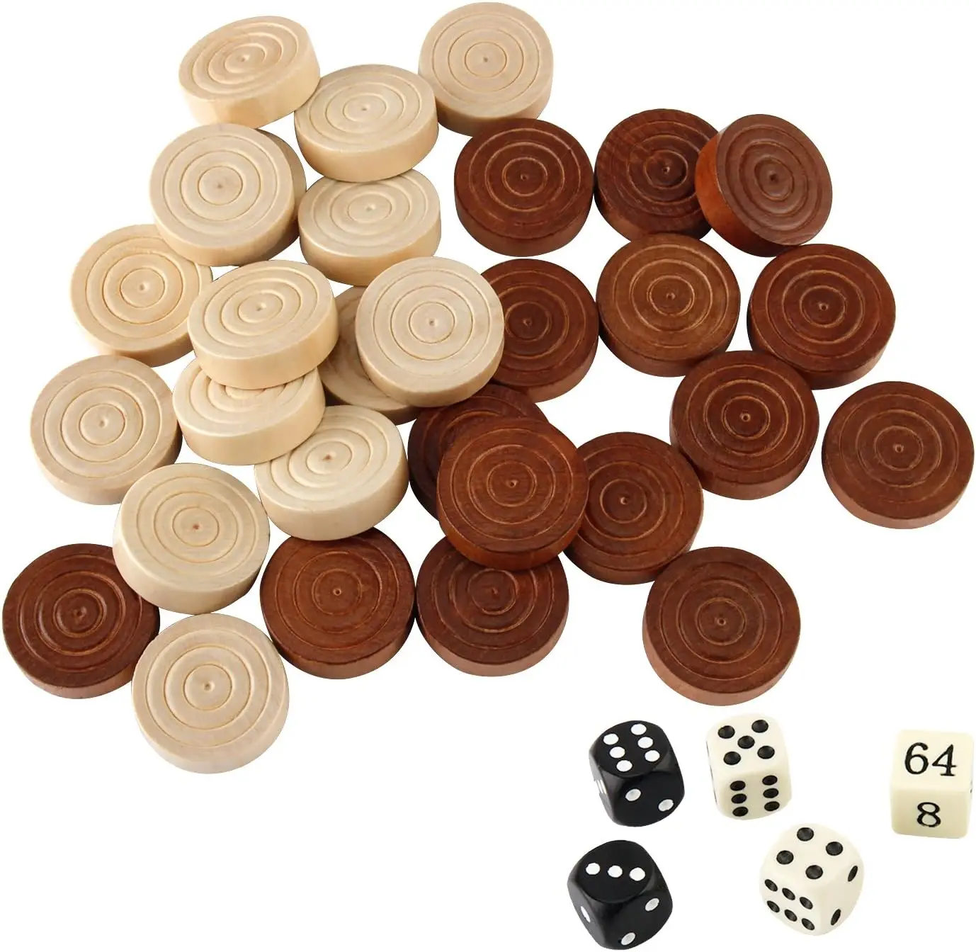 Thread Wooden Checkers Pieces Nature Wood Backgammon Pieces with Drawstring Bag, 5 Dices Included