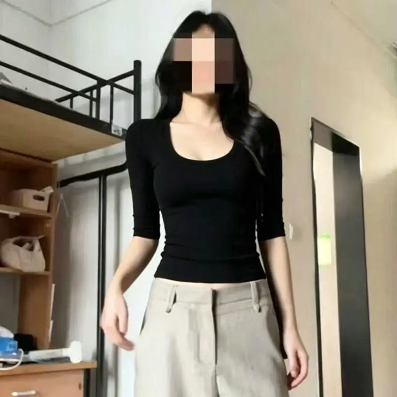Slim Fit Short Sleeve T-Shirt Women's Korean Style U-Neck Tight Body Shaping Top Half Sleeve Waist Cinched Pure Desire Low Neck