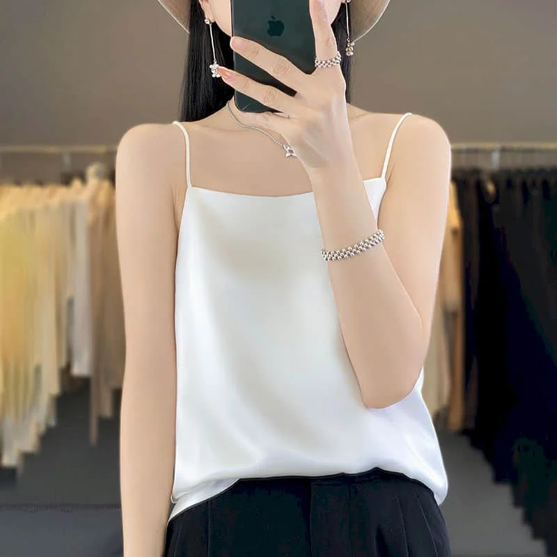 100% Silk Vest for Women Summer Minimalism Vintage Solid Casual Sleeveless Tops Basic Korean Style Tight Tanks Women Clothing