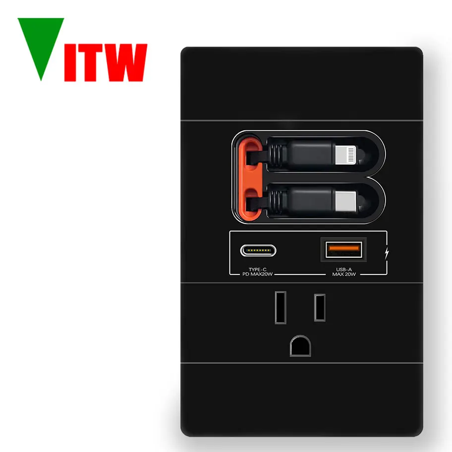 Vitw Type-C wall mounted USB American socket, 20W fast charging universal 5V 3100MA USBA+USB-C port, expandable data cable panel