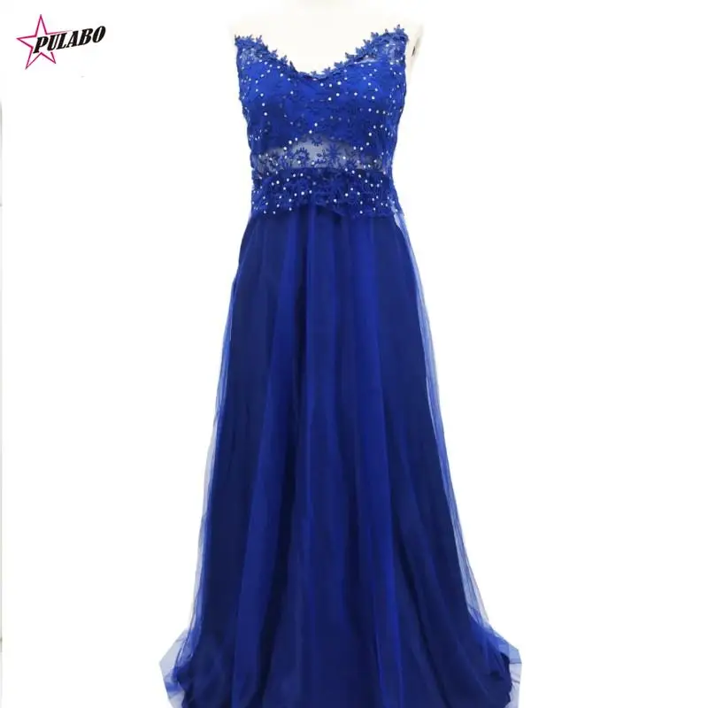 PULABO Elegant Royal Blue Scoop Lace Sqeuined Long Dresses For Wedding Party Summer Prom Evening Gowns Maxi Dresses Vestidos