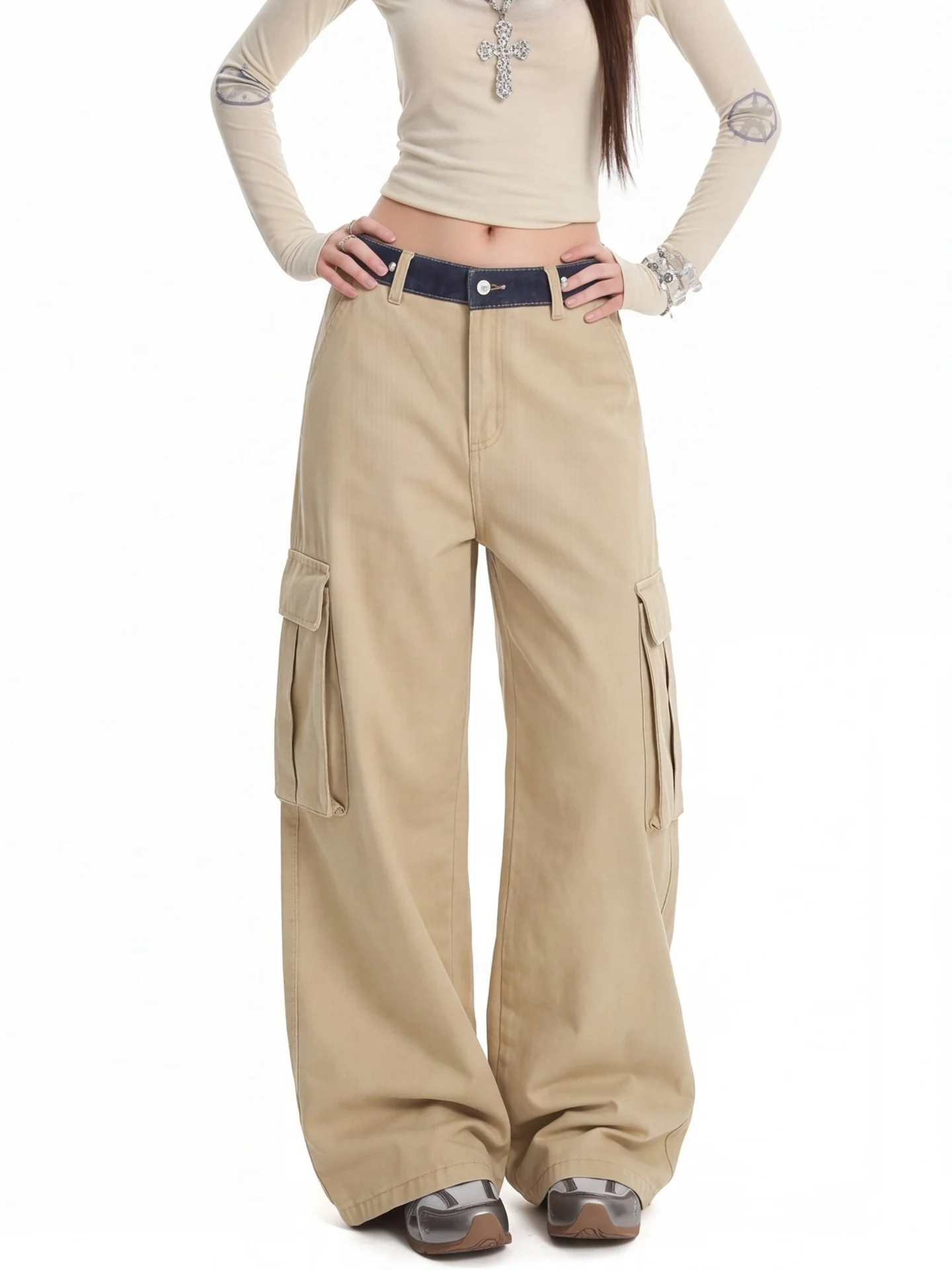 Low Waist Wide Leg Workwear Pants Women's Khaki Draping Casual Trousers with Big Pockets Ant Pattern Loose Fit Straight Cut