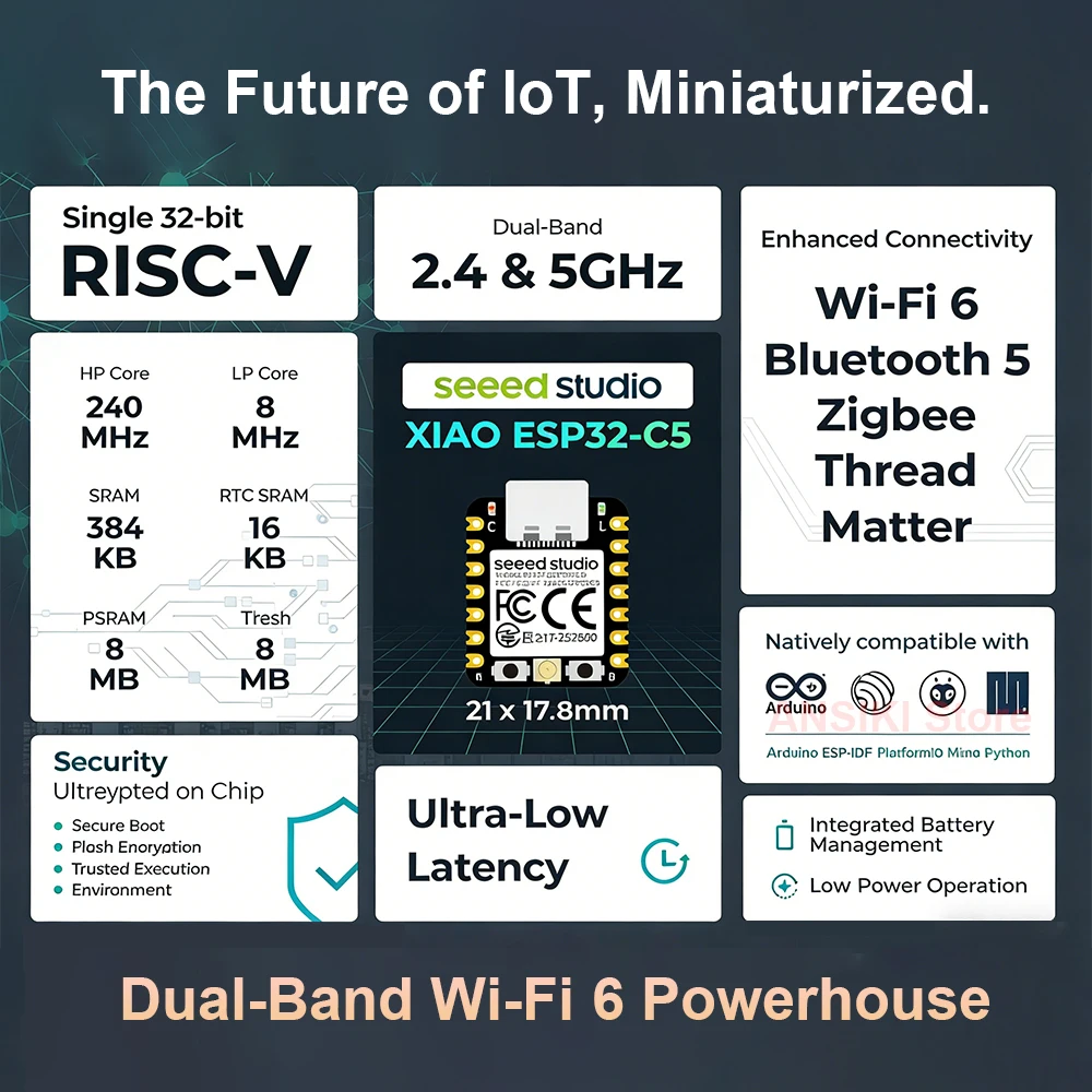 XIAO ESP32-C5 RISC-V IoT Development Board Dual-Band Wi‑Fi 6 2.4G/5G Bluetooth 5 for Zigbee Thread Matter Support IoT Smart Home