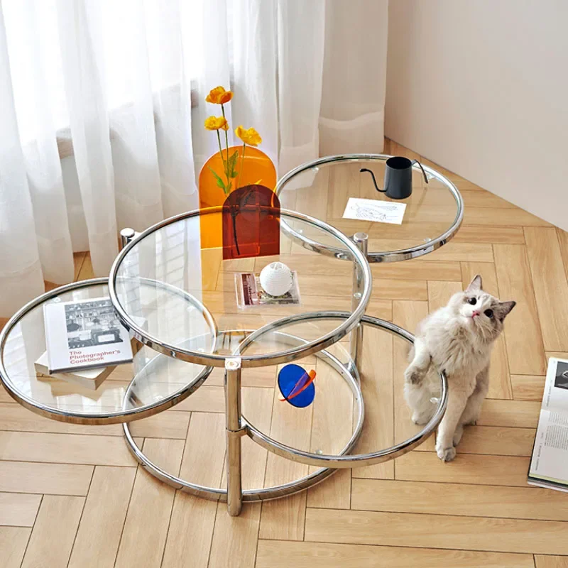 Nordic Small-sized Tea Table Rotating Glass Transparent Circular Creative Stainless Steel Living Room Household Tea Table Столик