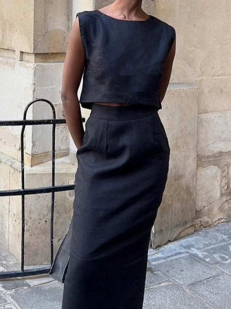 

Женский летний новый шикарный короткий жилет, повседневный комплект, длинная юбка с разрезом, элегантный однотонный хлопковый льняной жилет, полуюбка, комплект из 2 предметов