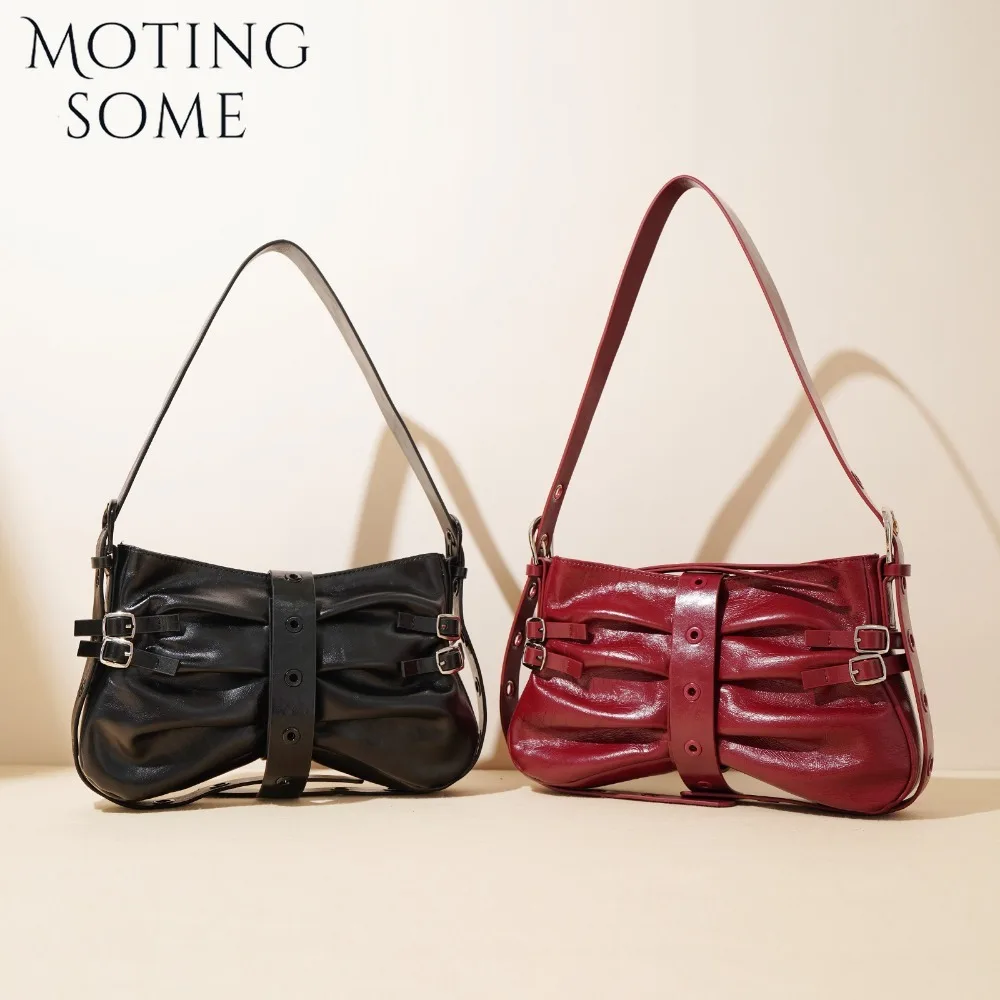 Motingsome 2024 New Style Shoulder Women Bags Luxury Satchel Fashion Motorcycle Bag Unique Wrinkle Pattern Mini Pouch Black