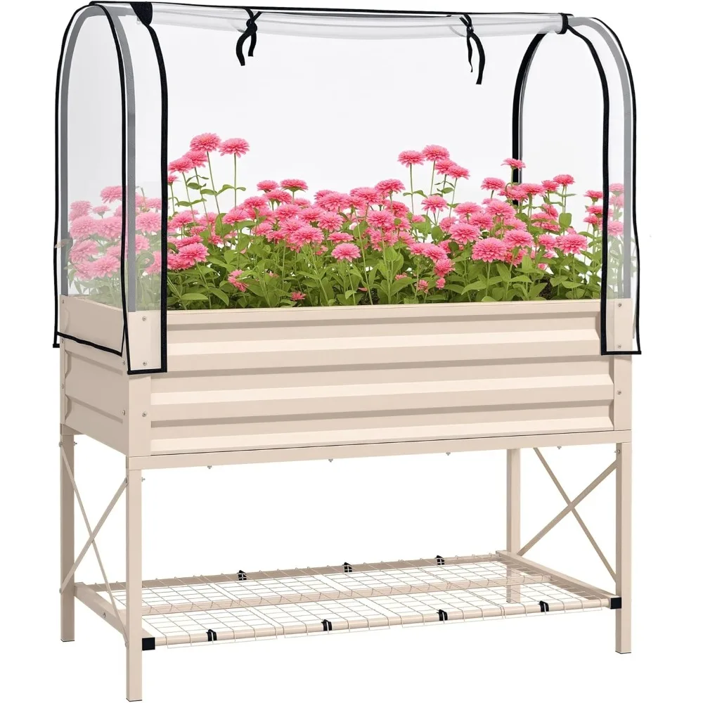 

Raised Garden Bed with Cover and Storage Shelf, Rectangular Metal Elevated Planter Box with Legs and Bed Liner