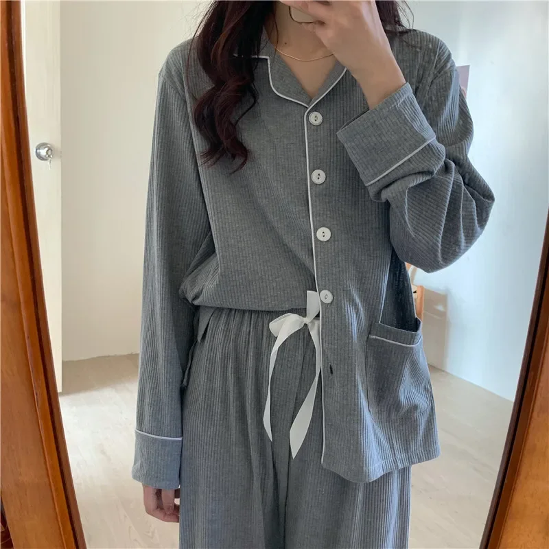 女性用純綿パジャマセット,ロングパンツ,愛らしいスクールスタイル,カジュアル,ホームウェア,春と秋,新しい2022