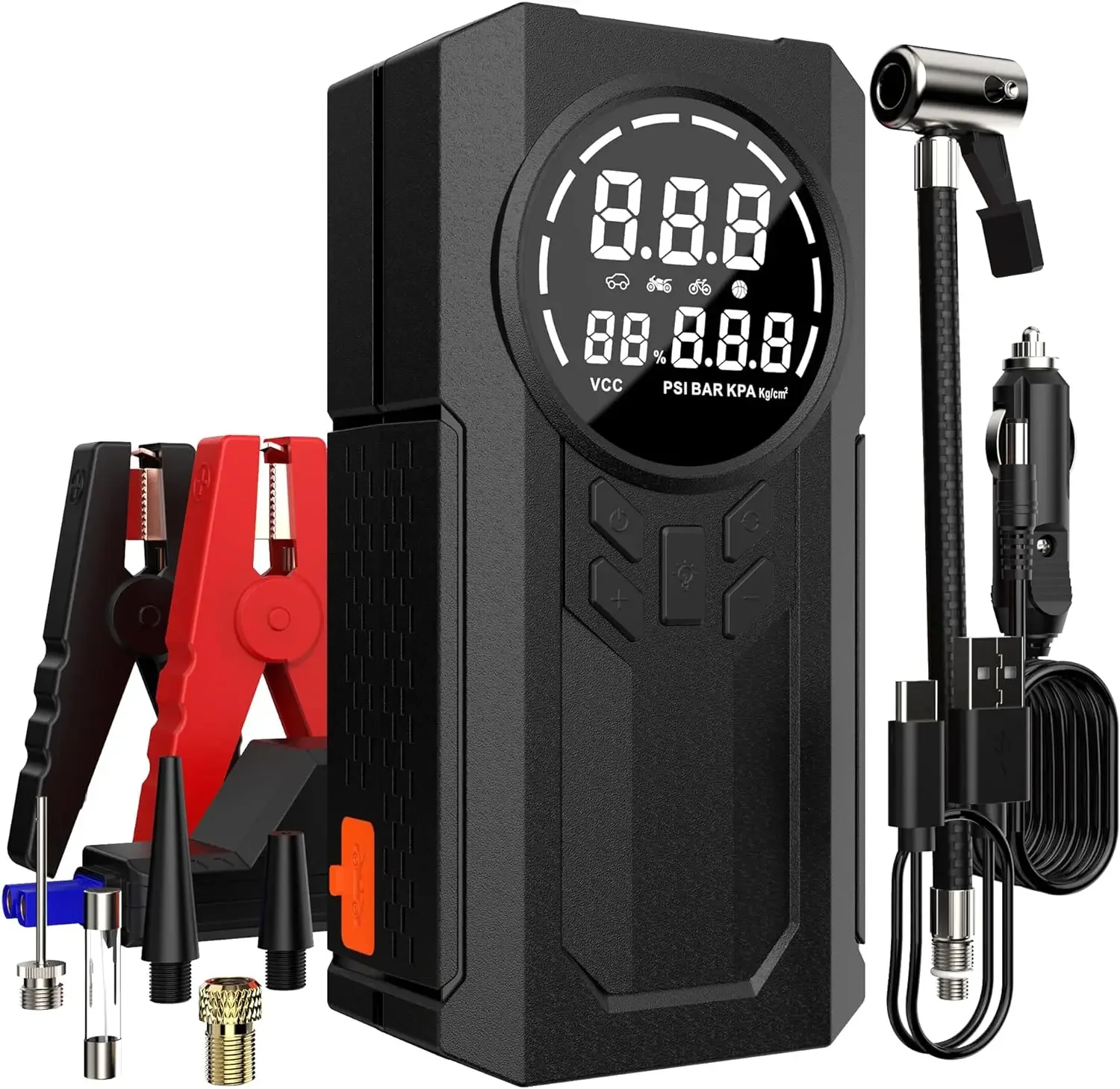 

Multifunctional 4-in-1 Jump Starter with Inflator and Power Bank LED Light Jump Starter with Inflator Car Booster with Digital