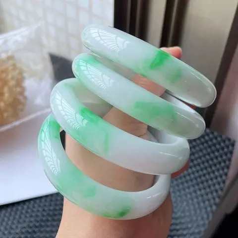 bracelet in spring colors, white base , Burmese milk , jadeite with bright green and floral patterns,