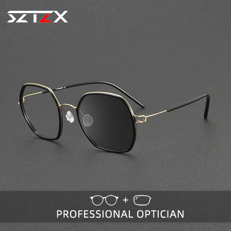 

SZTZX Fashion Pure Titanium Anti Blue Light Glasses Business Square Frame Reading Glasses Prescription Color Changing Eyeglasses