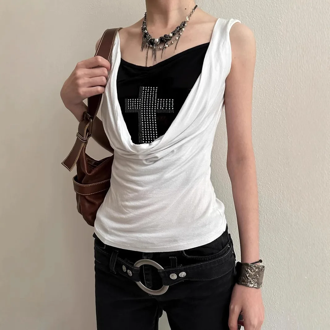

Dark Gothic Cross Spliced Sleeveless Top Short Cropped Fake Two Piece Knit Vest for Girls