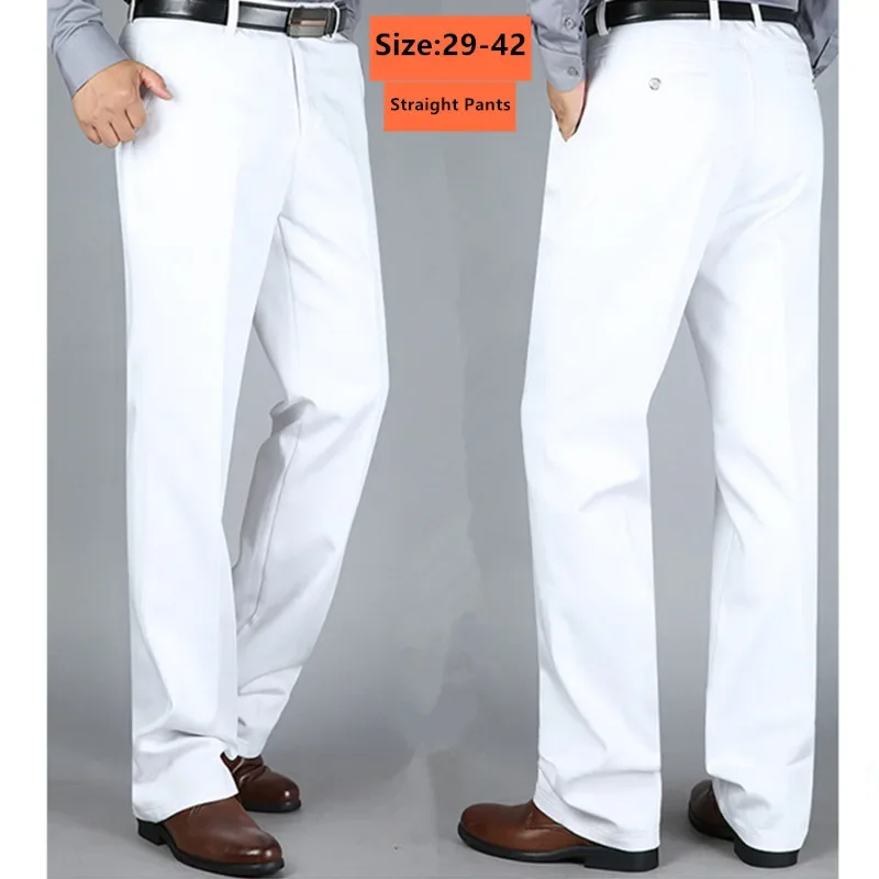 White Pants Men Office Formal Straight Business Thick Plus Size 42 40 38 Classic Stretched High Waist Black Casual Male Trousers
