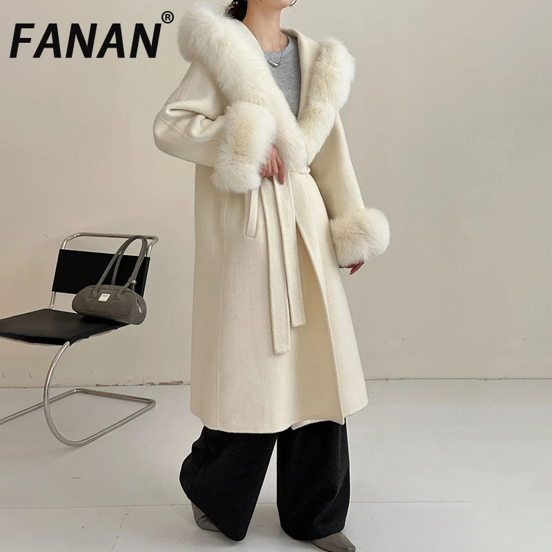 

FANAN Detachable Cuffs Fox Fur Hooded Lace-Up Long Sleeve Long Women's Double-faced Woolen Coat Winter New Overcoat Fashion