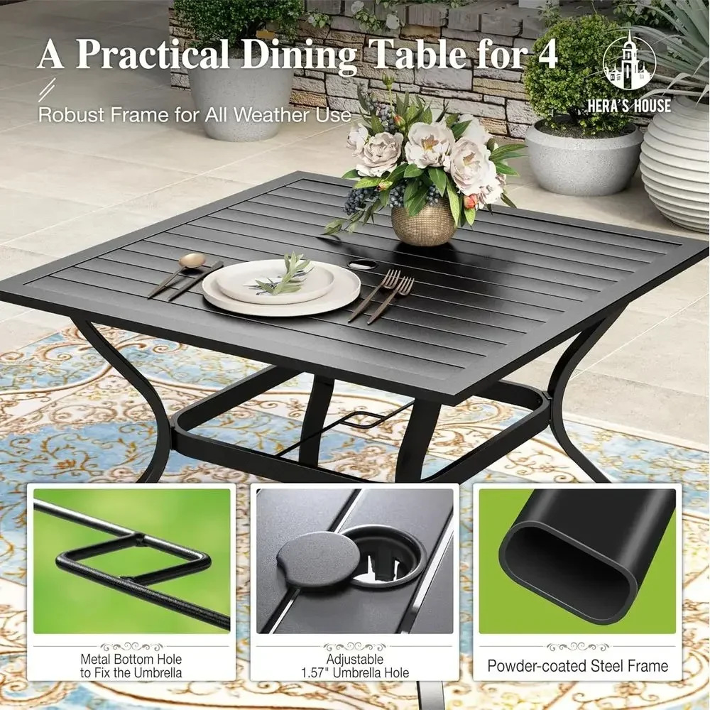 5-Piece Outdoor Dining Set, Brown Square Metal Table with Textilene Chairs and Umbrella Hole