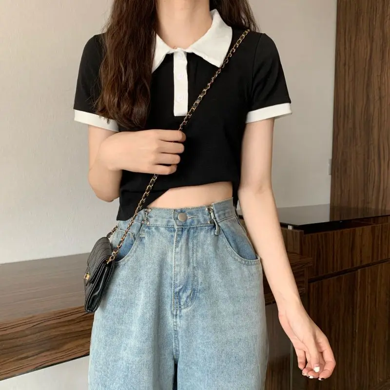 Summer 2026 Women New Arrival Slim Fit Versatile Polo Collar Color Block Short T Shirt Short Sleeve Unique Top Ins Trendy - view 4
