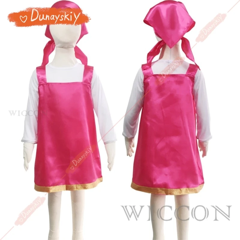 Halloween Masha Cosplay fantasia para meninas, vestidos rosa, camiseta, lenço de cabeça, saia, roupa anime, festa de carnaval