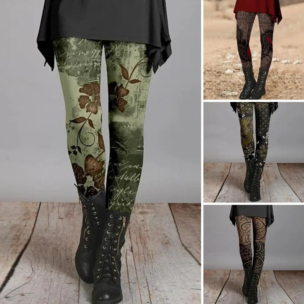 Women Skinny Pants Autumn Winter Vintage Ethnic Flower Print Super Stretch Slim Fit High Waist Ladies Long Leggings Trousers