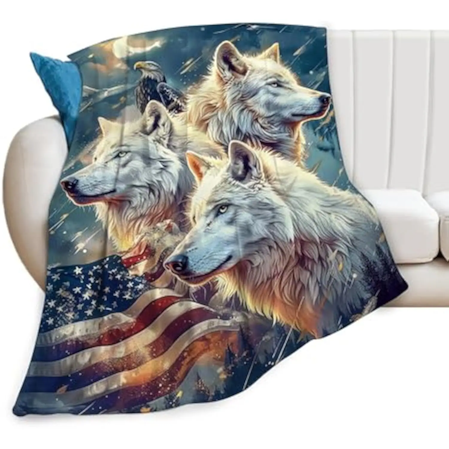 

Одеяло с американским флагом в патриотическом стиле, волк, орлан, мягкий флисовый диван, кровать, подарок для взрослых