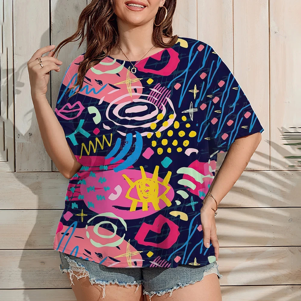 2023 Plus Size Women Tshirt Fun Graffiti Print Female Clothing Fashion Summer Short Sleeve Top Casual O-Neck Tee Ladies Pullover