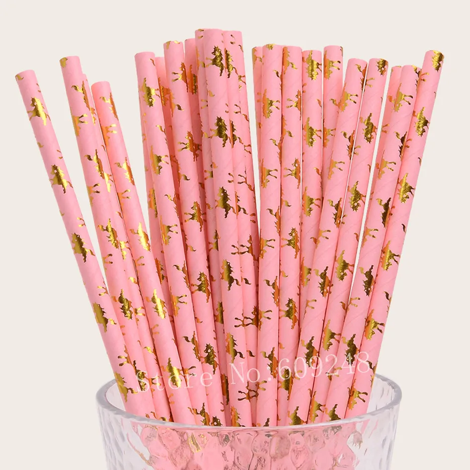 100 Pcs Metallic Gold Foil Horse Light Pink Paper Straws,Kids Girl Juice Bar Baby Shower 1st Birthday Unicorn Party Drinking