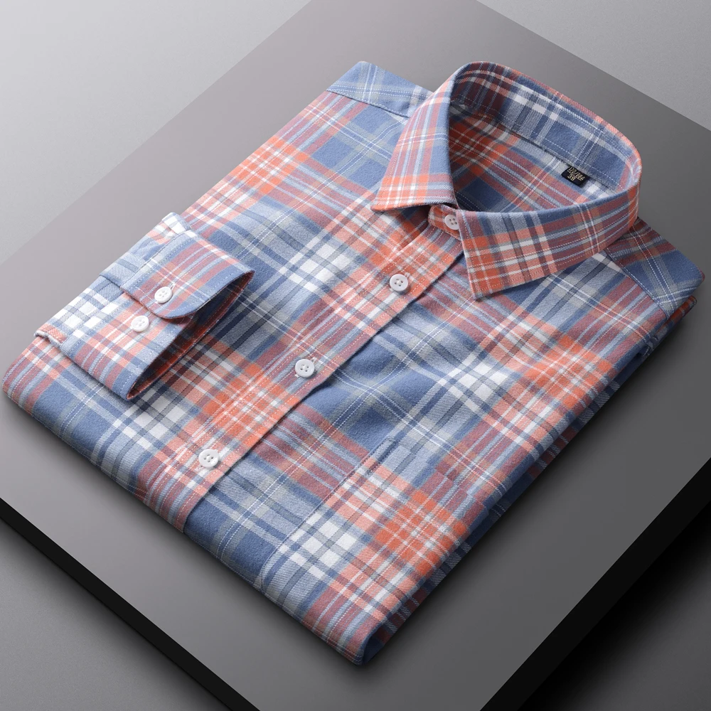 Camisa a cuadros de franela de manga larga para hombre, Camisa de algodón pesado, bolsillo de un solo pecho, camisas de cuadros a cuadros Gingham